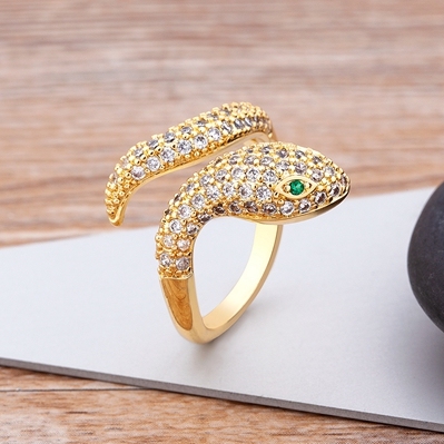 Gold Color Snake Open Ring For Women Adjustable Exquisite Shiny Cubic Zirconia Finger Ring Wedding Party Bar Jewelry Gift