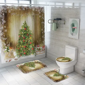 

4 PC Christmas Print Bathroom Accessories Toilet Bathroom Mat Shower Curtain Floor Mat Carpet Set Free Ship для ванной Z4