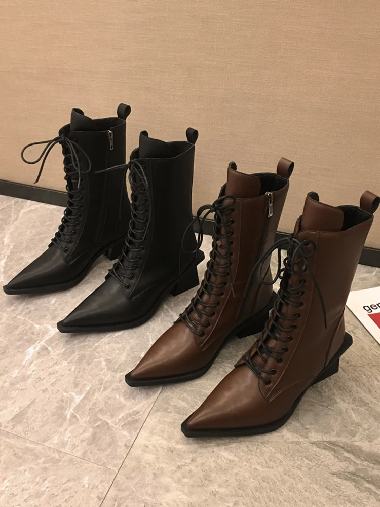 

Women's shoes Martin boots 2019 autumn and winter side zipper in the tube boots pointed thick with lace motorcycle boots