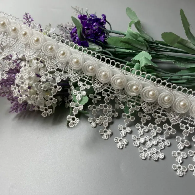 

3 Yard White Pearl Tassel Plum Flowers Pearl Lace Trimmings Ribbons Beaded Lace Fabric Embroidered Sewing Wedding Dress DIY 8cm