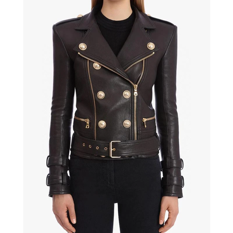 

Cosmicchic 2020 Autumn Zipper Motorcycle Sheepskin Jacket Women Double Breasted Belt Gold-Button Casual Biker-Coat Outwear Chic