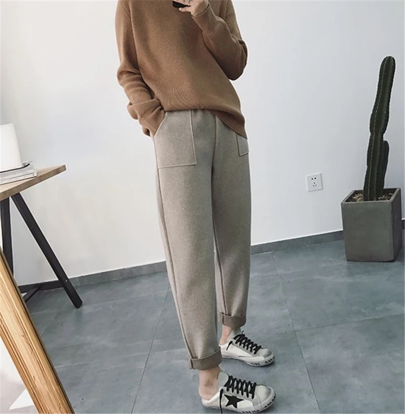 BGTEEVER Autumn Winter Thicken Pants Women Elastic Waist Pockets Woolen Female Pencil Pant Elegant Warm Trousers femme