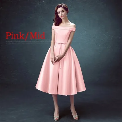 PINK-MID Erosebridal, атласное вечернее платье для женщин, 3 стиля, длина(длинная/Средняя/короткая), на шнуровке, сзади, с открытыми плечами, официальное платье, простой дизайн - Цвет: PINK-MID