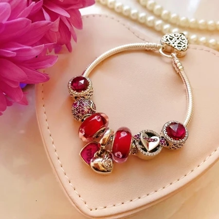 

high quality 1:1 100% 925 silver sterling red charm enamel heart accounts printing open bills free shipping bracelet