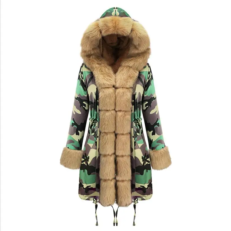 19d013 army green Камуфляжная зимняя куртка, женская верхняя одежда, парка с меховым воротником, Женское пальто размера плюс, облегающее теплое длинное пальто, модная зимняя одежда для женщин - Цвет: 19d013 army green