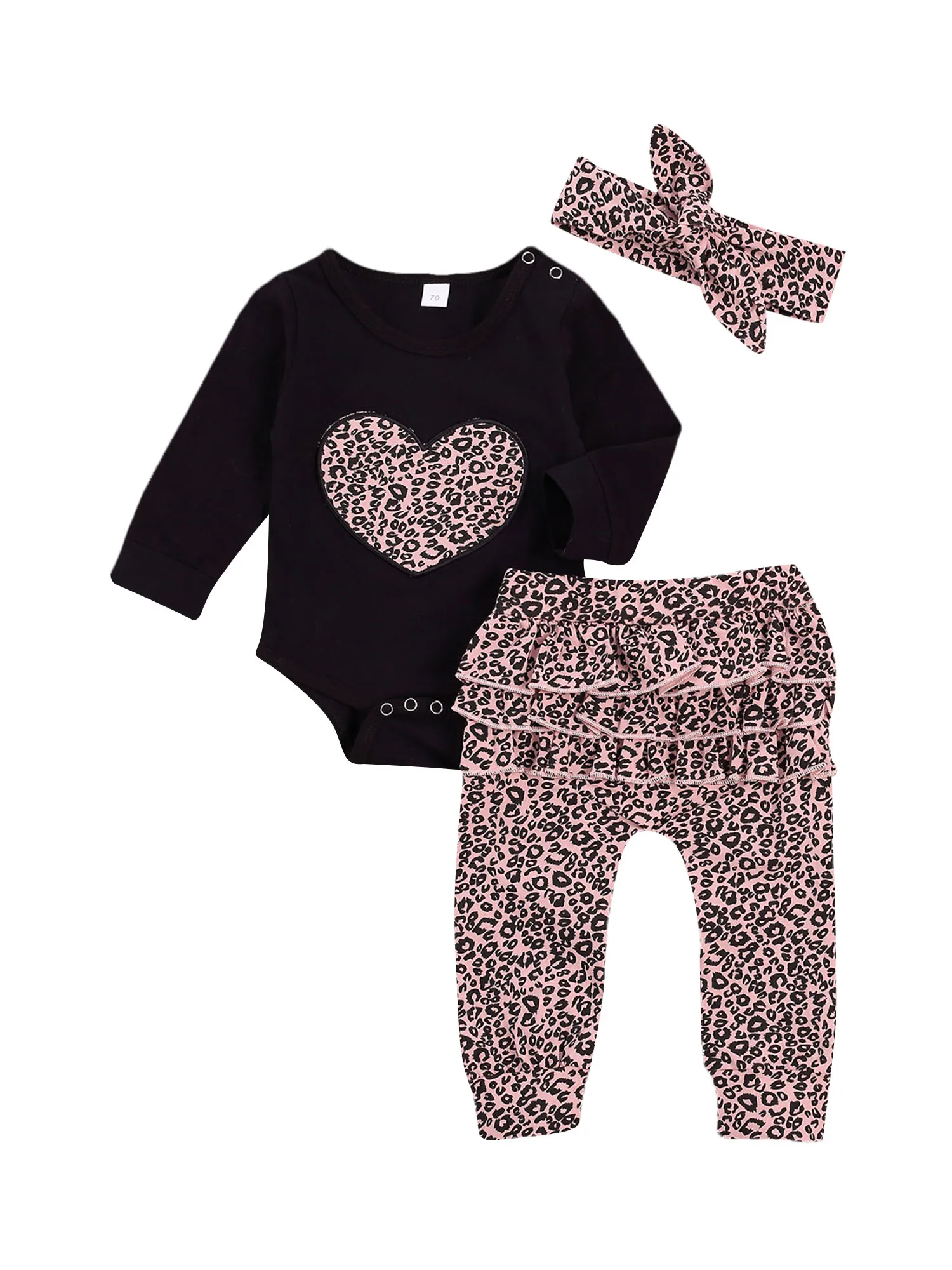 

3 Pcs Baby's Cotton Suit Round Neck Long Sleeve Heart Print Romper Leopard Falbala Loose Trousers Bow Headband Daily Life