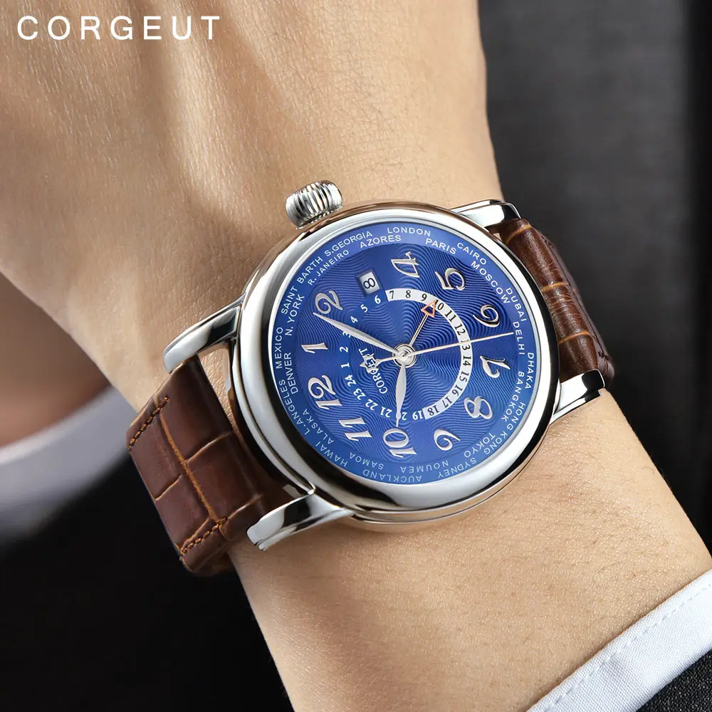 

Corgeut 43mm Mechanical Watch Luxury Brand Fashion Leather Dual time zone GMT Automatic Men Watch Leather Mechanical Wrist Watch