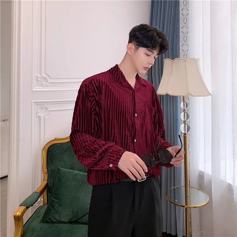 

Men Long Sleeve Velvet Loose Stripe Business Casual Shirt Male Vintage Fashion Streetwear Hip Hop Party Dress Shirt