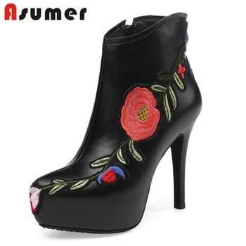 

Asumer top quality genuine leather ankle boots women embroidered sexy super high heel platform shoes ladies party wedding shoes