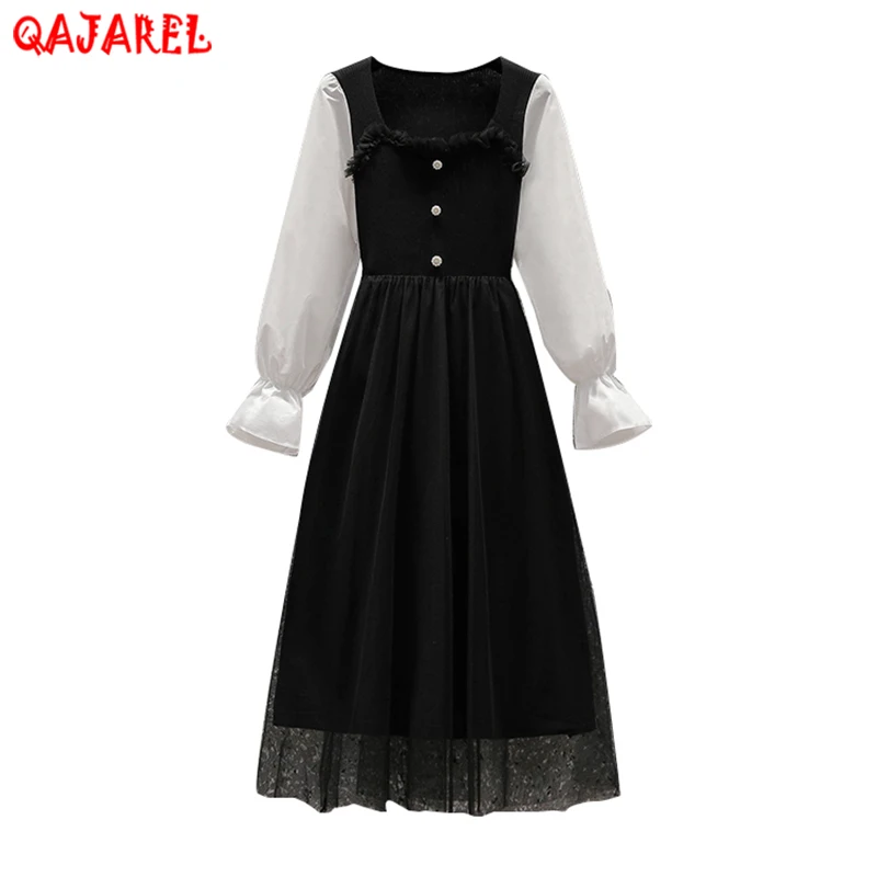 

Black Kntted Cotton Patchwork Mesh Midi Dress Autumn Winter Korean Vintage Hepburn Dress 2023 Women Elegant Bodycon Casual Dress