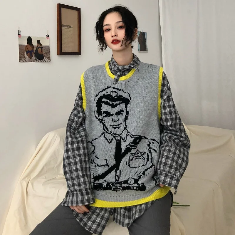 Vintage Cartoon Printed Knitted Sweater Vest Casual Sleeveless Loose Pullover Tank Tops Female Oversized Pullovers Femme