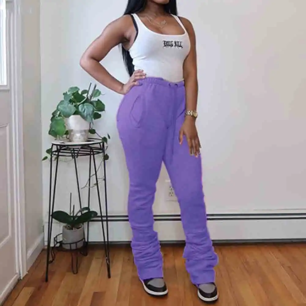 

Soild Autumn Women Stacked Pencil Pants Hot Pockets Drawstring Casual Sporty Trousers Workout Fitness Streetwear Fashion
