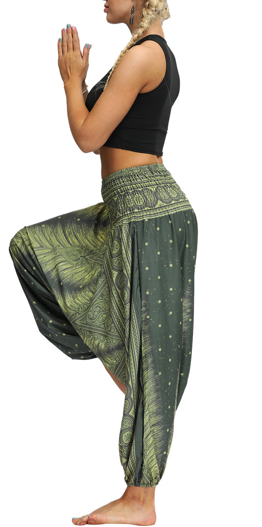 

2023 New Women's Bohemian Yoga Pants Hippy Harem Smocked Waist Trousers Flowy Loose Beach Pants