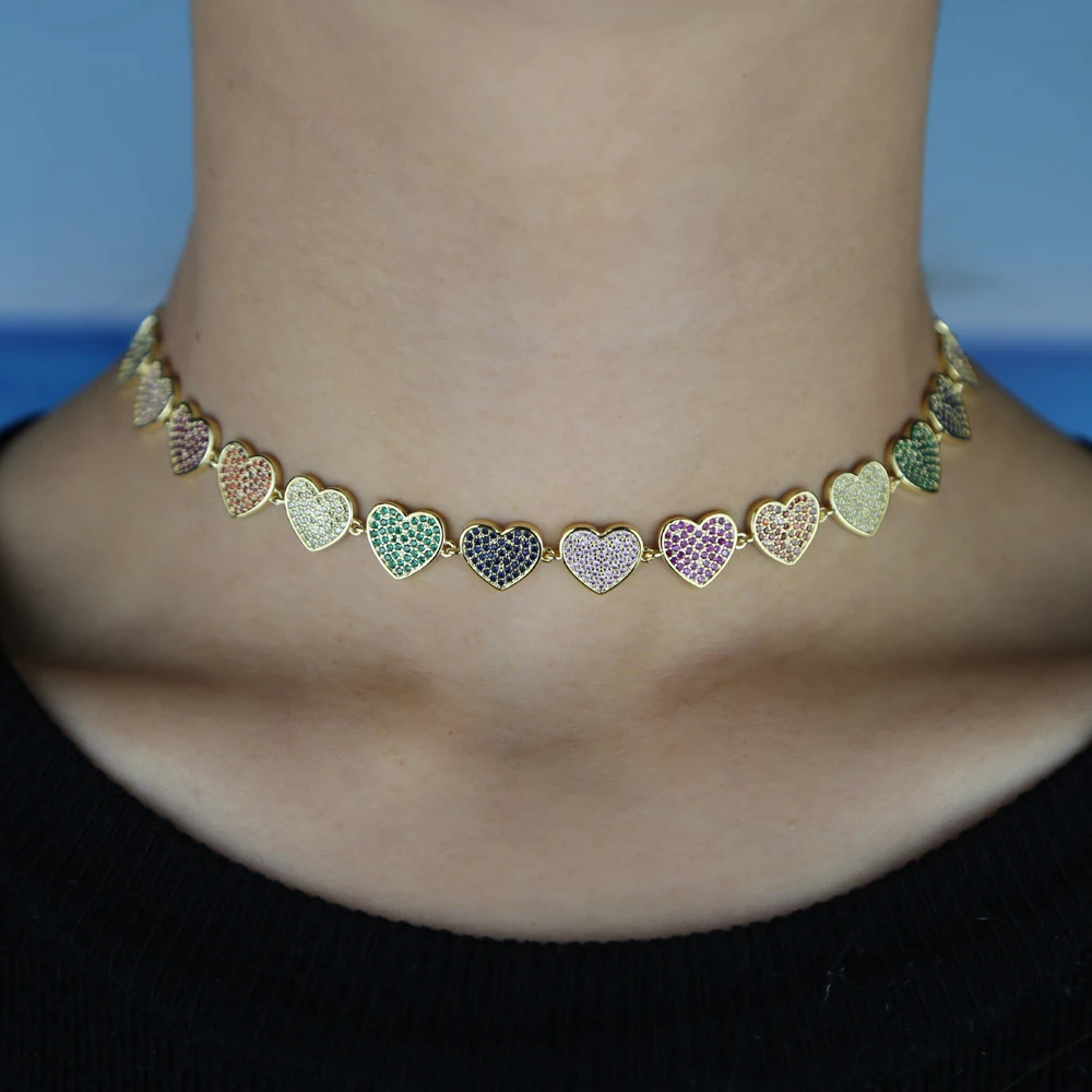 necklace Рождество Радуга cz проложили Мульти Сердце Шарм колье ожерелья для женщин леди свадьба Красочные Любовь браслет с сердечком ювелирные изделия наборы - Окраска металла: necklace