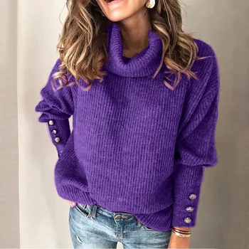 

Women's Winter Knitted Sweater Solid Color Turtleneck Vintage Button Decor Casual Hoodies Pullover Plus Size Winter Tops S-5xl
