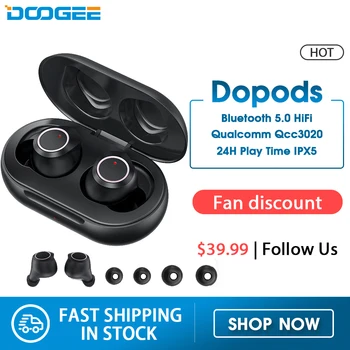 

Doogee Dopods Beat Earphone Bluetooth 5.0 TWS CVC 8.0 Earbuds with Qual comm QCC3020 APTX 24H Play time Voice Assistant IPX5