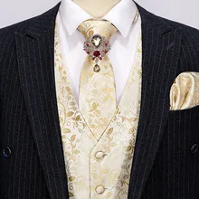 Chaleco Floral Beige para hombre, traje Delgado, chaleco de seda, conjunto de corbata, pañuelo, gemelos, chaleco Formal para negocios