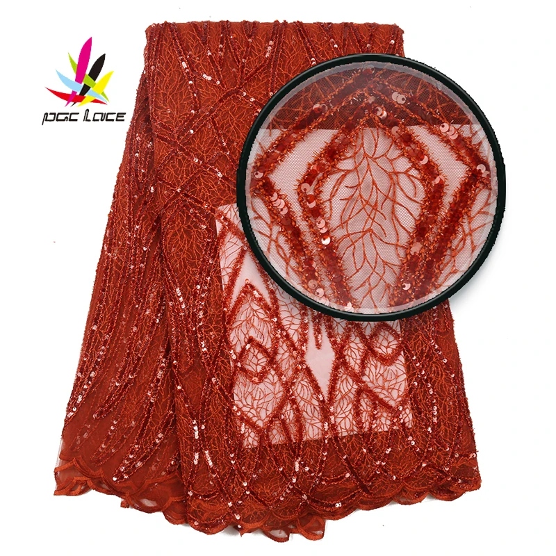 

2019 Nigerian Burnt Orange Embroidered French Sequence Lace Fabric High Quality African Seuqins Lace Fabric For Party XZ2990B-4