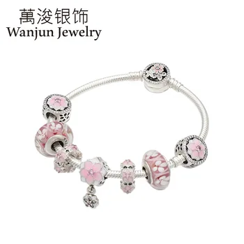 

Wanjun Jewelry 100% 925 Sterling Silver Romantic Magnolia Flower Beadeds Charm Brand Bracelets & Bangles Snake Chain Female Gift