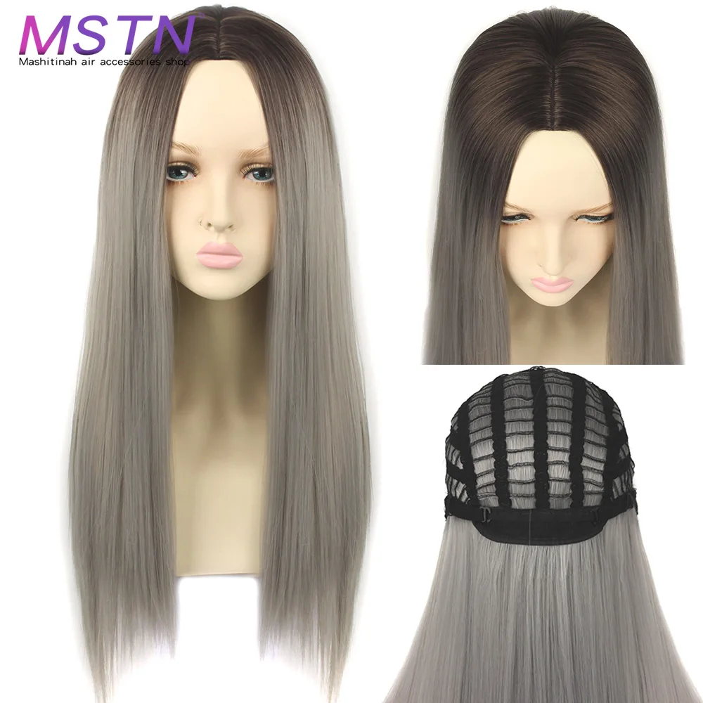 

MSTN Ombre Grey Blond Straight Long Synthetic Wigs For Women Black Pink Wigs 26 Inch Can Be Cosplay Wigs Heat Resistant