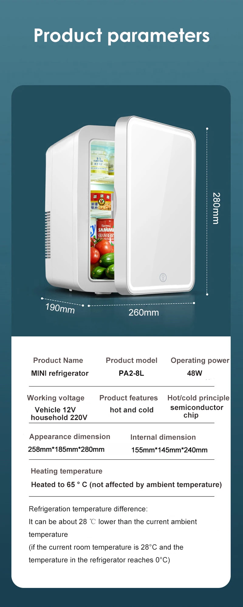 5L Mini Fridge Portable Storage Refrigerator With Led Light Mirror Cooler Home Car Use