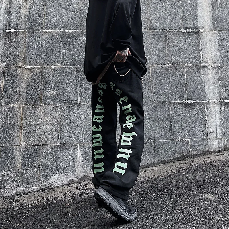 ICCLEK 2021 High Street Jeans Men's Printed Jeans Loose Straight Pants Plus Velvet Mopping Pants Autumn and Winter Jeans