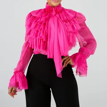 

Oversize Pure Pink Ruffle Blouse Women Tops And Blouses Long Sleeve Female Chic Top 2020 Office Ladies Elegant Plus Size Shirt