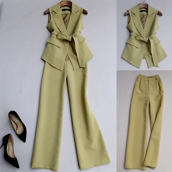

women two piece outfits spring new ladies temperament fashion two-piece suit sleeveless vest wide leg pants 2piece set women
