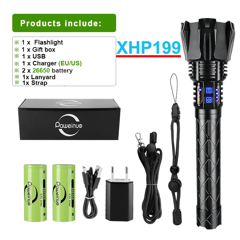 Most XHP199 Super Powerful Flashlight Usb Rechargeable LED Torch Light XHP160 High Power Led Tactical Flash light XHP100 Lantern penlight torch Flashlights