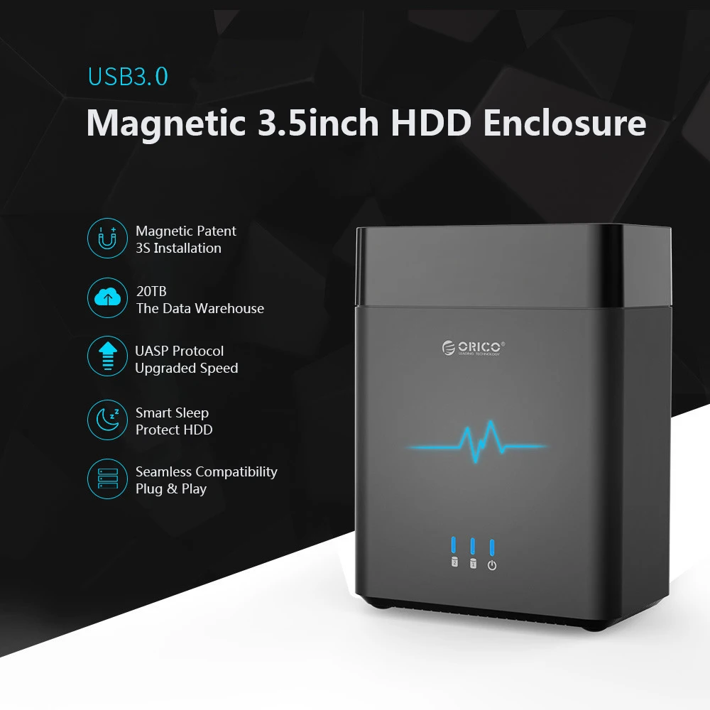Orico DS200U3-BK двухдисковый корпус для жесткого диска USB3.0 Магнитный 3,5-дюймовый хранения чехол для корпуса жесткого диска 20 ТБ Поддержка протокола UASP Plug& Play