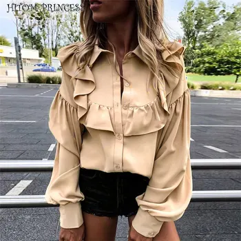 

HITOM PRINCESS Ruffle Women Blouse Office Shirts Frill Turn Down Collar Lantern Sleeve Blouse Female Tops Streetwear Blusas