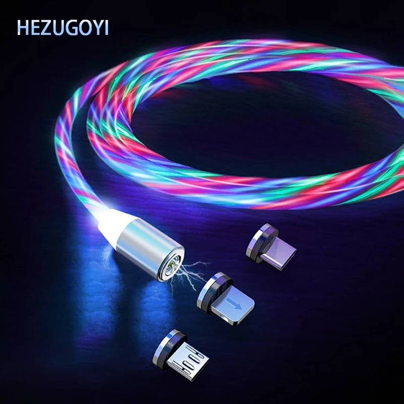 

HEZOGOYI 3 in 1 Glow LED Lighting 3A Fast Charging Magnetic USB Type C Cable Micro USB Magnet Charger Cable for iPhone 8 Huawei