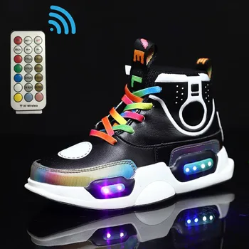 

Size 28-37 High-top Children Shoes Girls Led Light Up Casual Shoes Unisex Luminous Sneakers Boys Glowing RF Control Sneakers