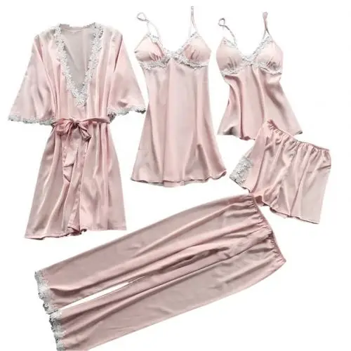 Розовый Женское кружевное ночное белье, сексуальное нижнее белье Babydoll, 5 шт., Летний продукт, Женская домашняя одежда, тонкая сексуальная пижама - Цвет: Розовый