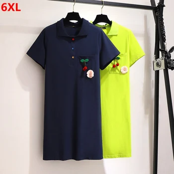 

Large size women's spring and summer new Korean students short-sleeved t-shirt cherry polo collar dress 6XL 5XL 4XL