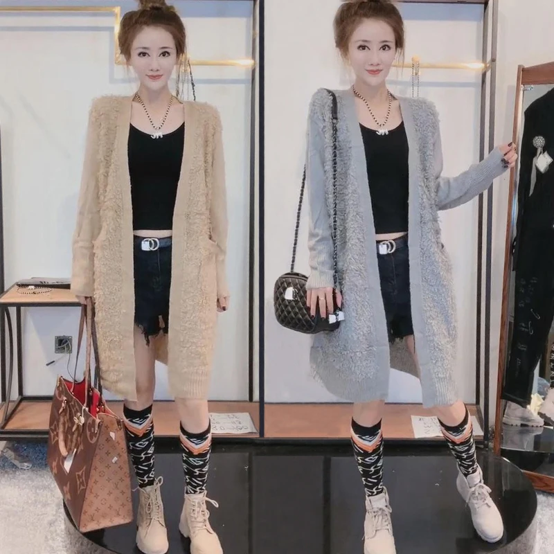 

Knitting Unlined Upper Garment 2019 Autumn New Long Sleeve Long Brilliant Sweater Jacket European Goods Pocket Cardigan