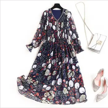 

Spring 2020 for European and American women's wear Long-sleeved beaded v-neck Floral print Fashion dress
