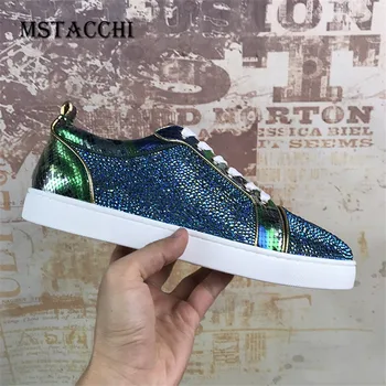 

MStacchi High Quality Genuine Leather Men's Sneakers Snake Skin Sweet Green Rhinestone Cross-tied Breathable Male Casual Shoes