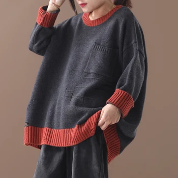 

[EWQ] 2020 Autumn Winter New Pattern Round Collar Long Sleeve Hit Colors Knitting Pullovers Sweater Women AK08204