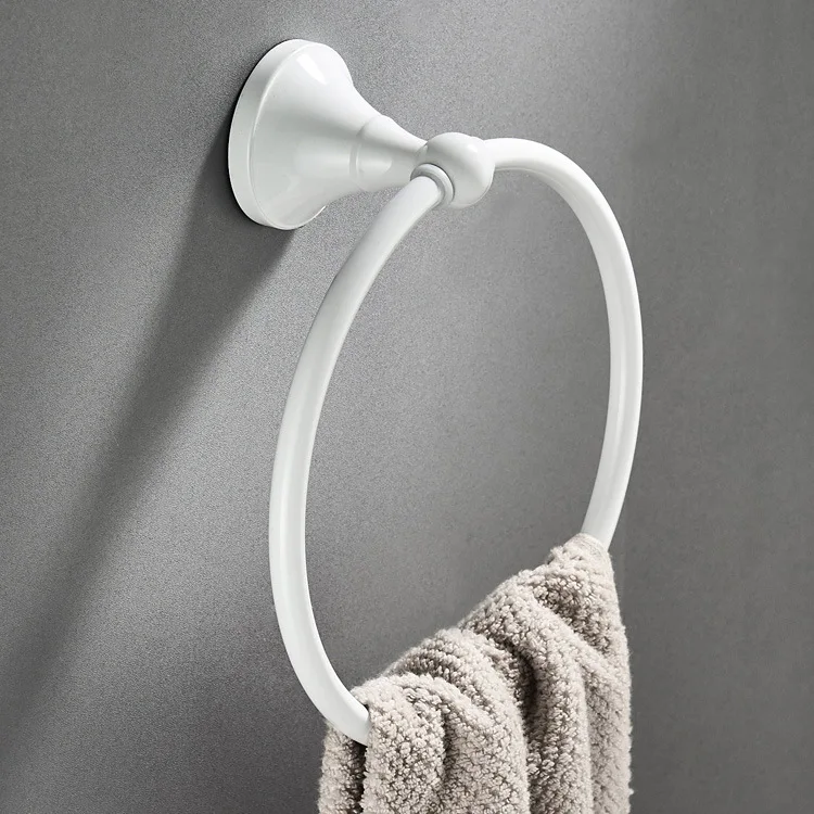 

Sanitary Ware Hardware Accessories Direct Selling Copper Material Circle Simple White Towel Ring Grilled White Paint Towel Rack