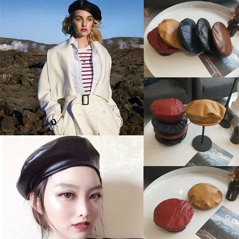 Брендовые новые винтажные однотонные шапки-береты из искусственной кожи, женская модная шапка на плоской подошве, Осень-зима, берет, шляпа