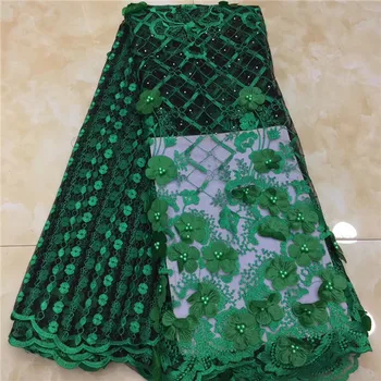 

2019 Net Lace for African with Beads, Embroidered Lace Fabrics with Free Shipping, 3D Applique Tulle Lace Fabric Green X9