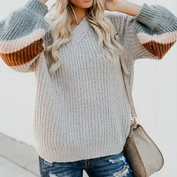 

2019 New Fashion Fat Sleeve V-neck Women Autumn Outfit Knit Sweaters Stitching Leisure Backless Oversize Loose Sweater