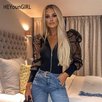 

New Sexy Sheer Transparent Mesh Puff Sleeve Bodysuit Black White Sexy Body Women Zipper Long Sleeve Bodycon Jumpsuit Autumn