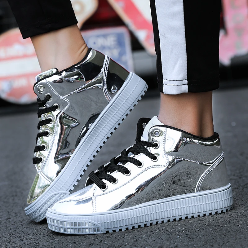 

QWEDF2019 Women Vulcanized Shoes Sneakers Ladies Lace-up Casual Basket Shoes Walking Bling Mirror Leather Flat Silver Shoe SE-92