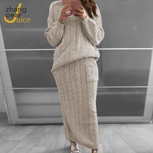 Women's Knitting O Neck Solid Color Pullover Sweater Top+ Pocket Slim Skirt Set Female Two-Piece Set