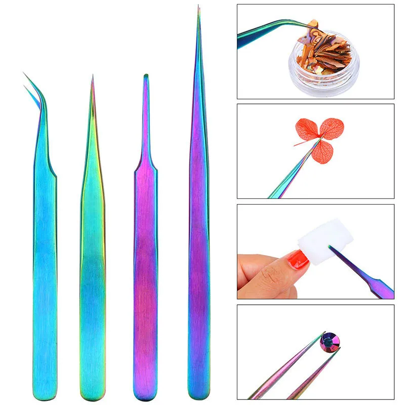 

4 Style Eyelashes Tweezers Eyelashes Tweezers Colorful Stainless Steel superhard Tweezers Anti-static tweezers Makeup Tools
