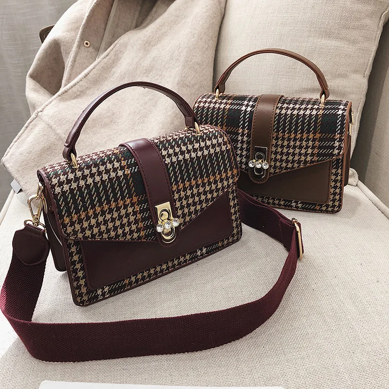 

2019 New Style Early Spring New Style Woolen Color Thousands of Birds Square Sling Bag Man-made Diamond Lock Shoulder Oblique WO