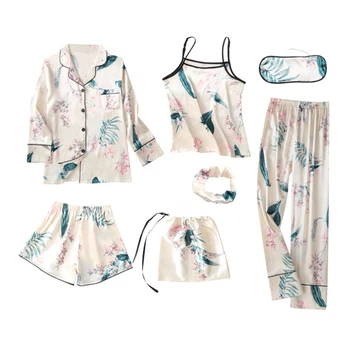 

7Pcs Pajamas Sets for Women Adult Sleepwear Long Sleeve Silk Satin Print Pyjamas Home Clothing Female Pijama Loungewear
