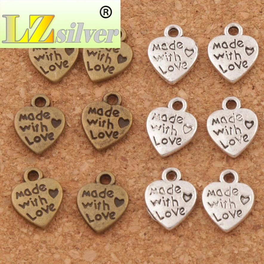 Made With Love Heart Charm Beads 300pcs zinc alloy Bronze Pendants 9.7x12.5mm Jewelry DIY L319
